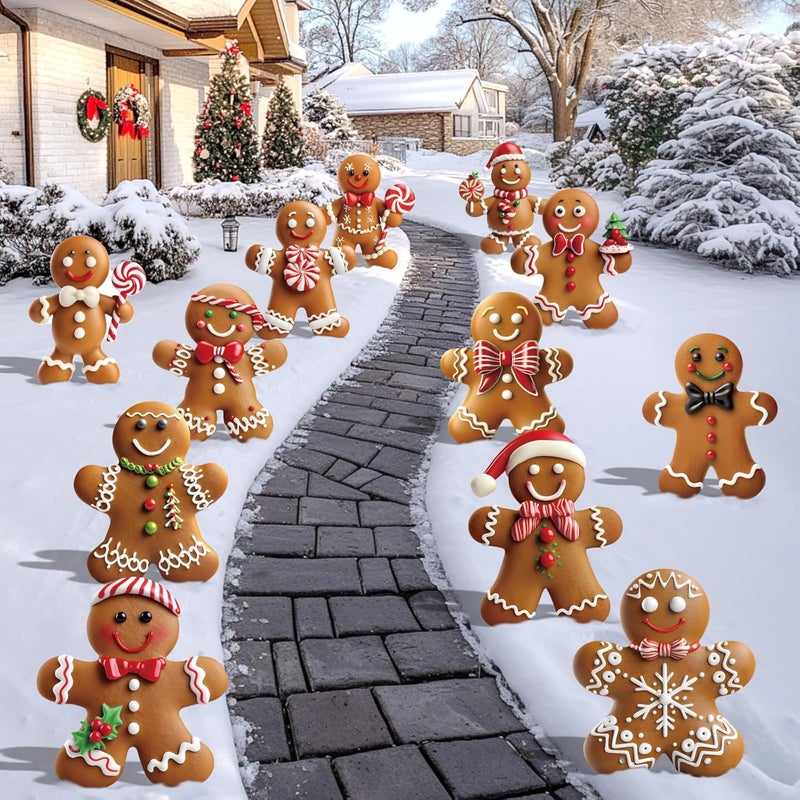 sewrung 12 Pcs Christmas Gingerbread Man Yard Signs with Stakes - Xmas Gingerbread Yard Stakes Lawn Signs for Christmas Holiday Pathway Garden Patio Party Favors - Image 1